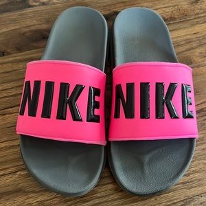 Nike pink, black and gray cushion slides